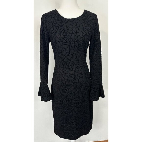 Antthony Studio Midi Dress Women 4 Black Rose Embroidered Bell Sleeve - Picture 1 of 11